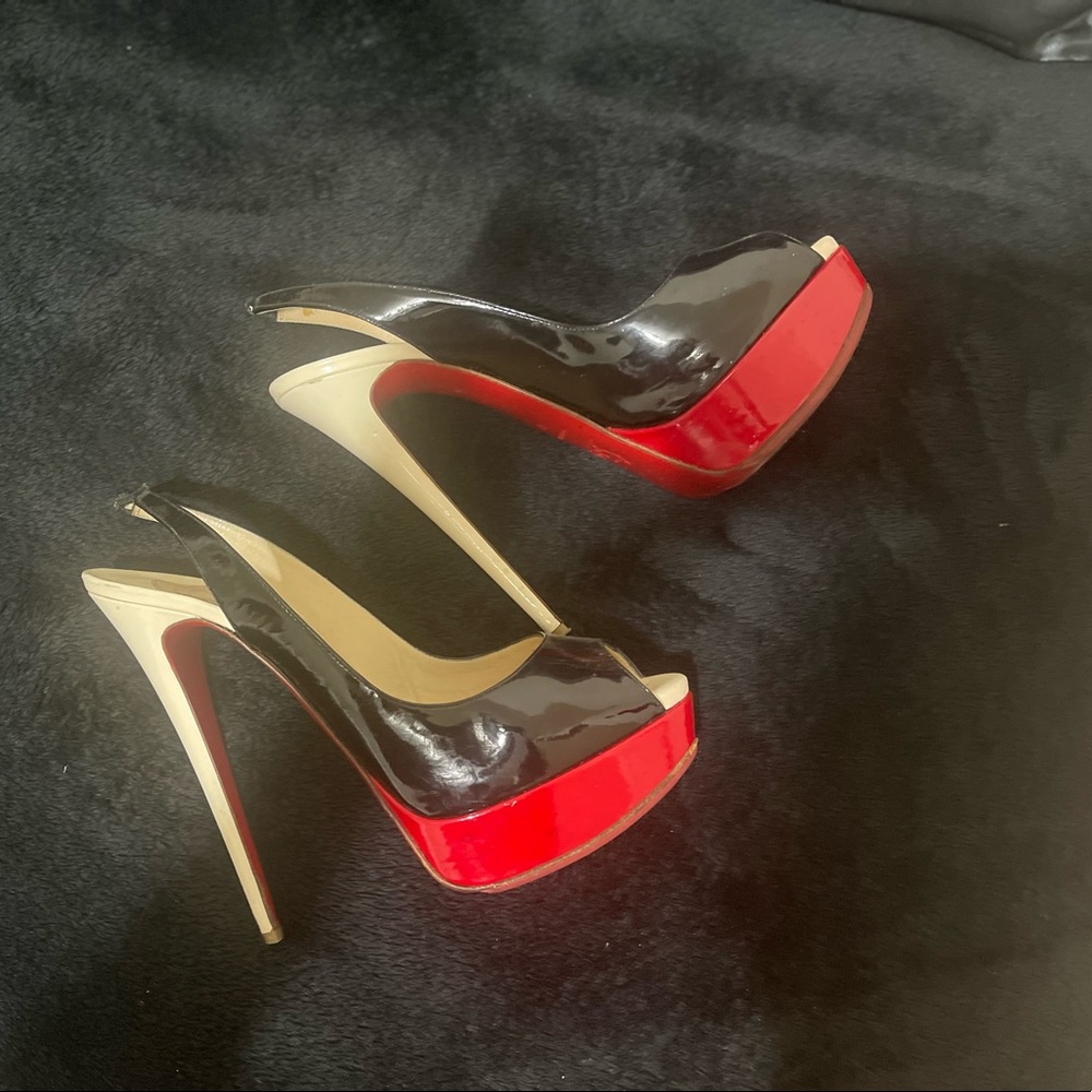 Platform lady peep sling black red bottoms